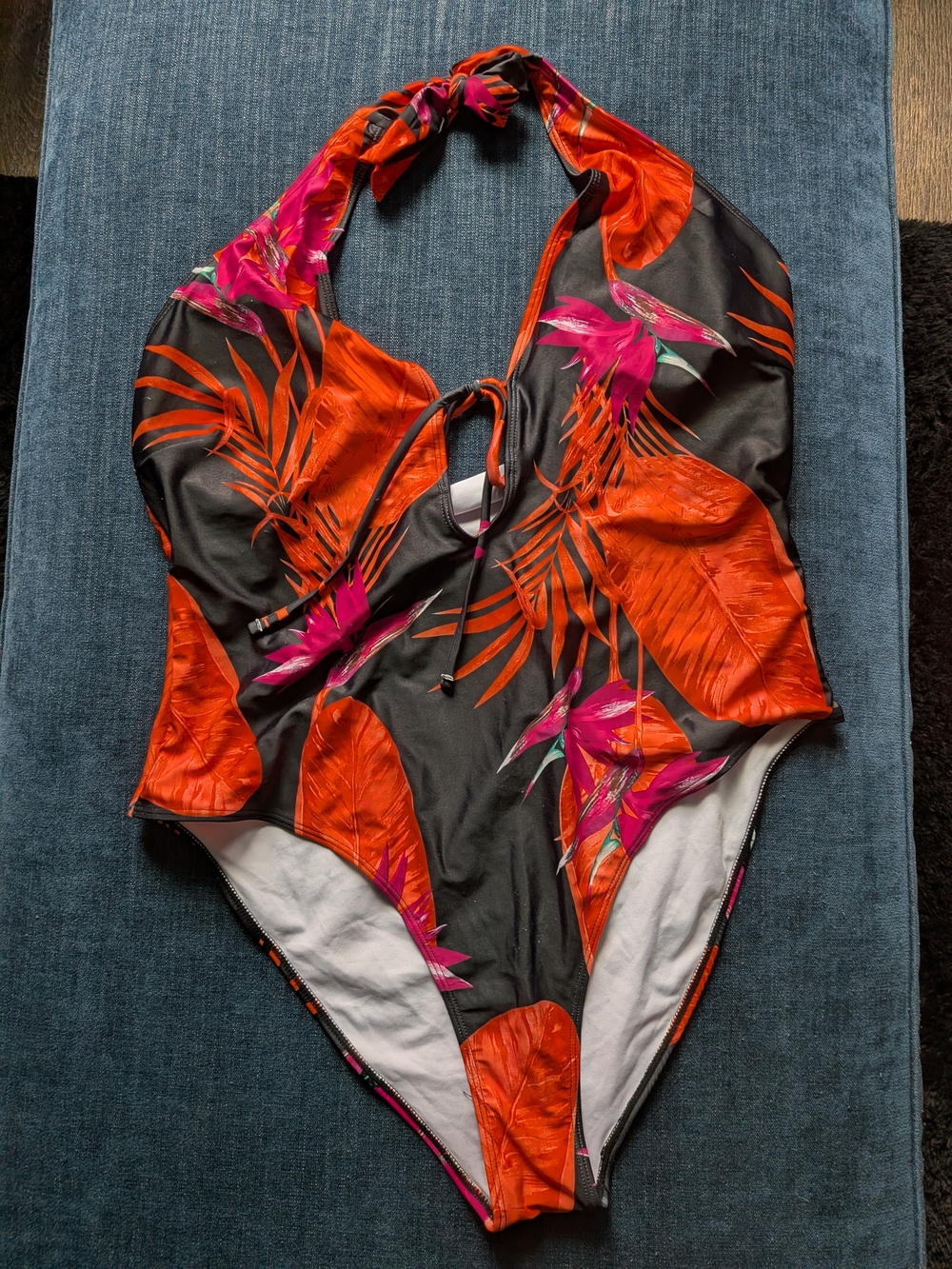 SHEIN Black Halter One-Piece Swimsuit with Orange & Pink Tropical Print
